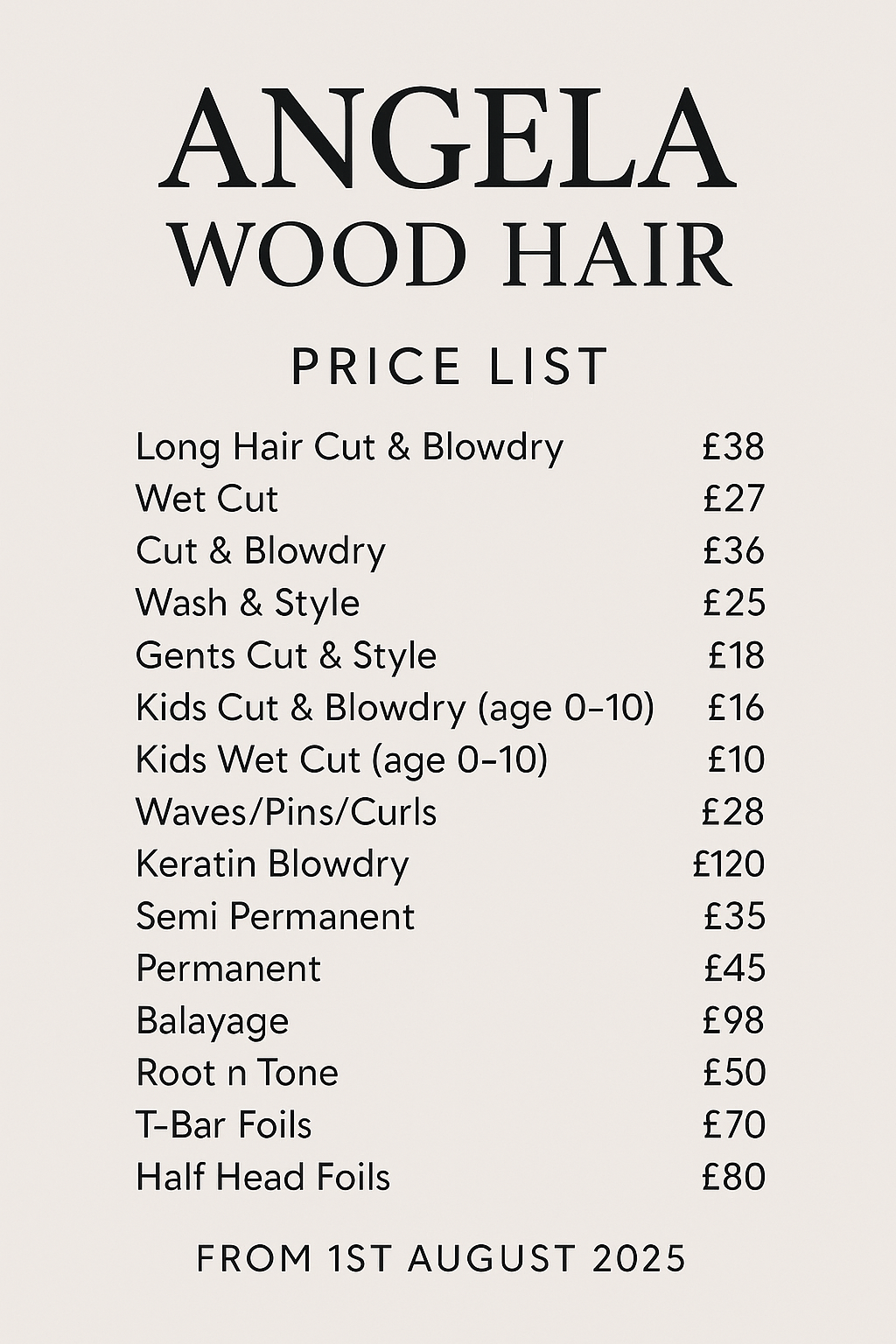 Angela Wood Hair price list